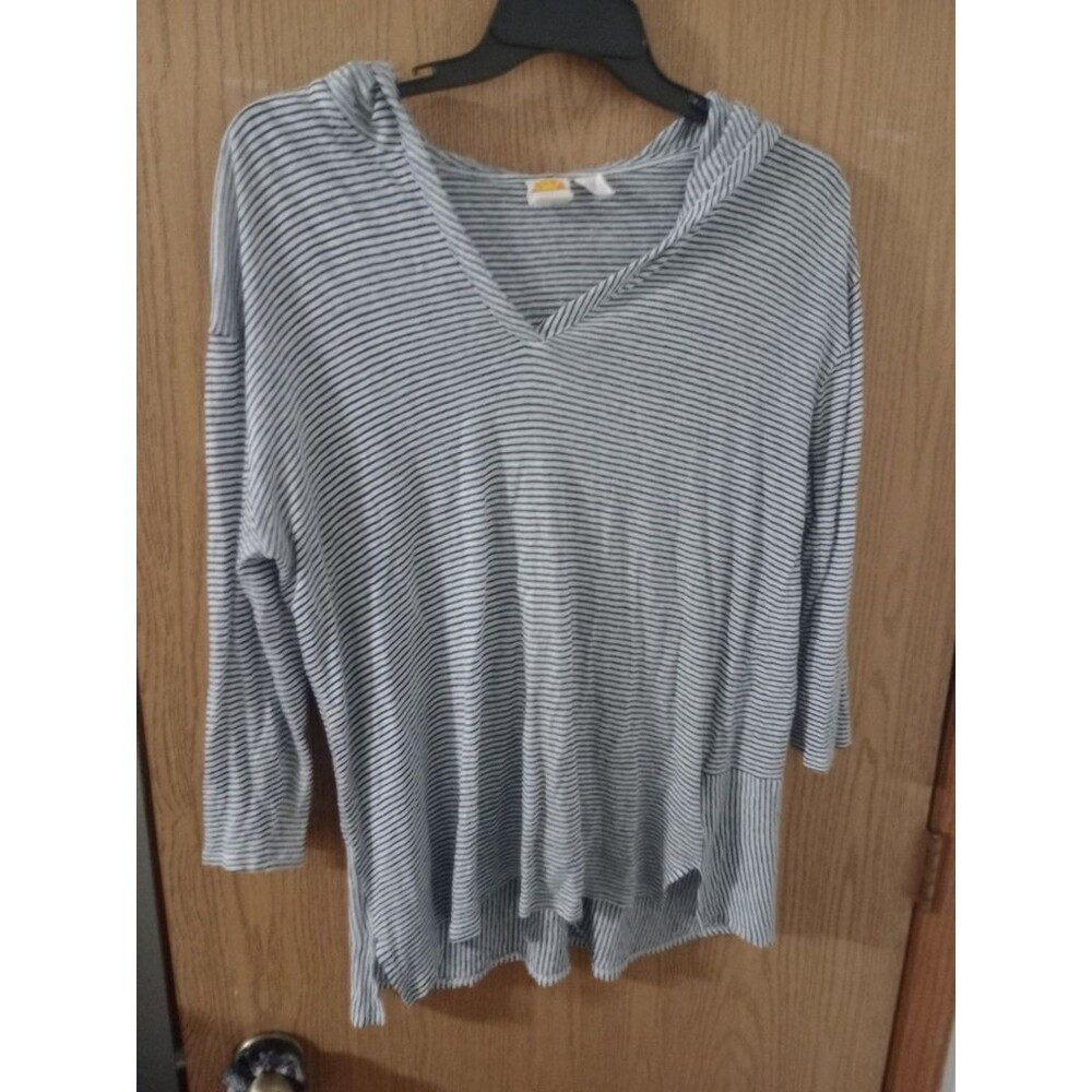 C & C California Hooded Tunic Top 1x Navy Striped Linen Pullover Roll Tab Sleeve
